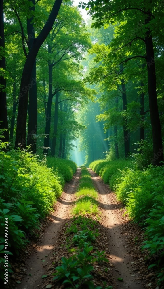 Obraz premium The dirt road leads through a dense thicket of vegetation, trees, travel, undergrowth