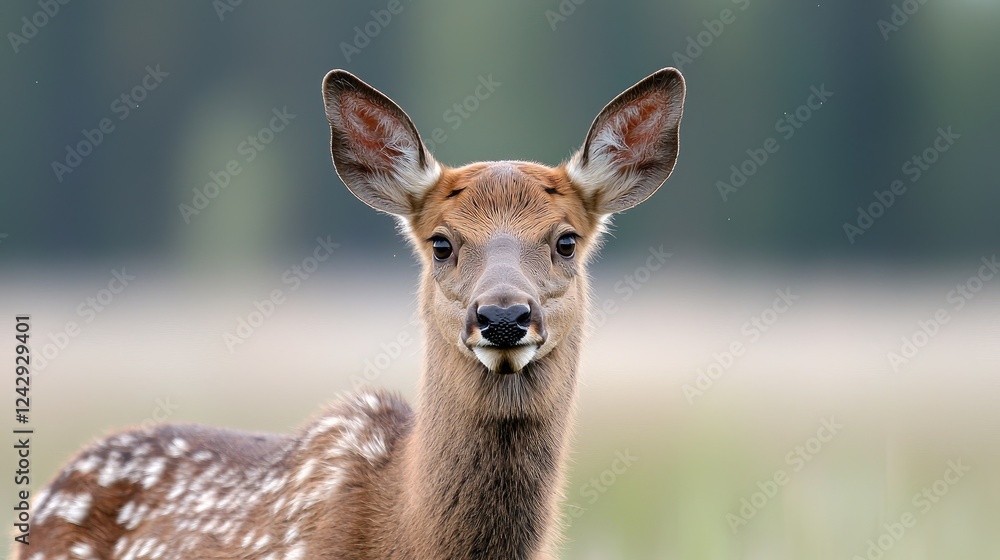 Sika deer fawn portrait, field background, wildlife