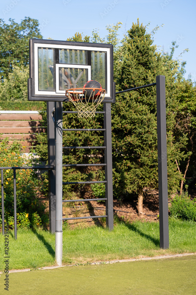 Basketball hoop with ball in outdoor setting surrounded by greenery on a sunny day Basketball hoop with ball in outdoor setting surrounded by greenery on a sunny day