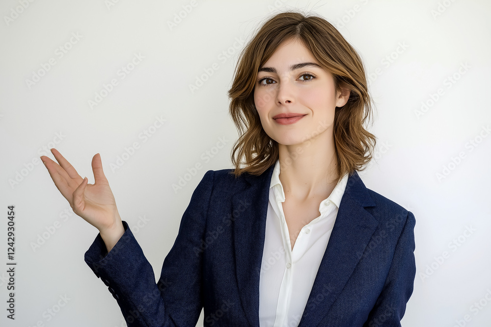 A young European businesswoman wearing a stylish tailored navy blue blazer over a white blouse, making an expressive hand gesture with a confident and approachable smile, isolated white background A young European businesswoman wearing a stylish tailored navy blue blazer over a white blouse, making an expressive hand gesture with a confident and approachable smile, isolated white background