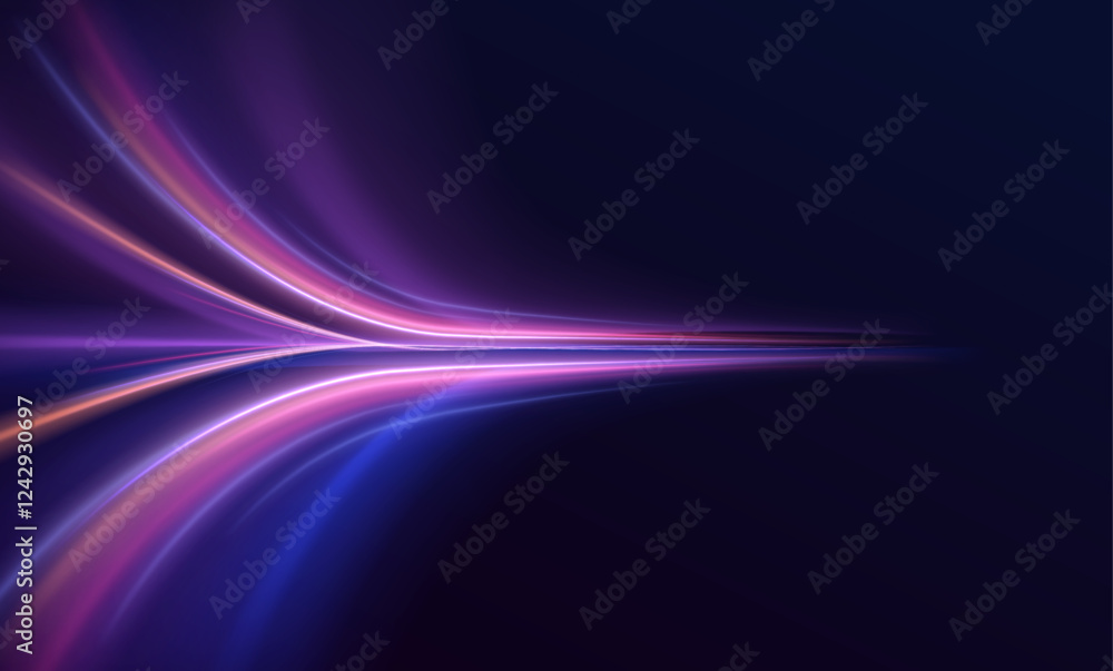 Fototapeta premium Lines in the shape of a comet against a dark background. Vortex streams of neon light. Abstract vector fire circles, sparkling swirls and energy light spiral frames. 