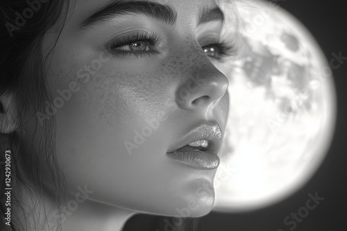 Woman's face against the background of the moon in close up