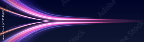 Low-poly construction of fine lines. Vector art of dynamic light motion, light trail, high speed effect, traffic motion. Expressway, the effect of car headlights.	
