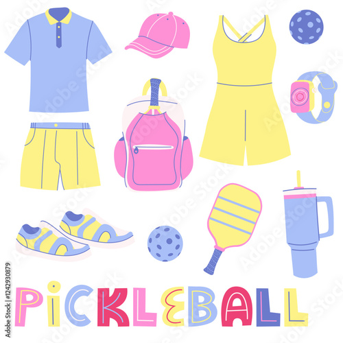 Different Pickleball sport equipment and clothes. Pickleball inventory, pickleball and tennis accessories. Healthy lifestyle concept. Hand drawn Vector set