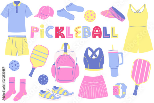 Different Pickleball sport equipment and clothes. Pickleball inventory, pickleball and tennis accessories. Healthy lifestyle concept. Hand drawn Vector set