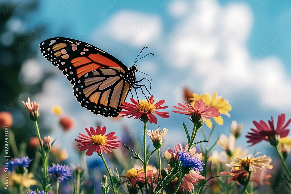 Obraz premium A stunning butterfly hovering over a patch of wildflowers, with colorful petals swaying under a gentle breeze, showcasing an idyllic outdoor scene.