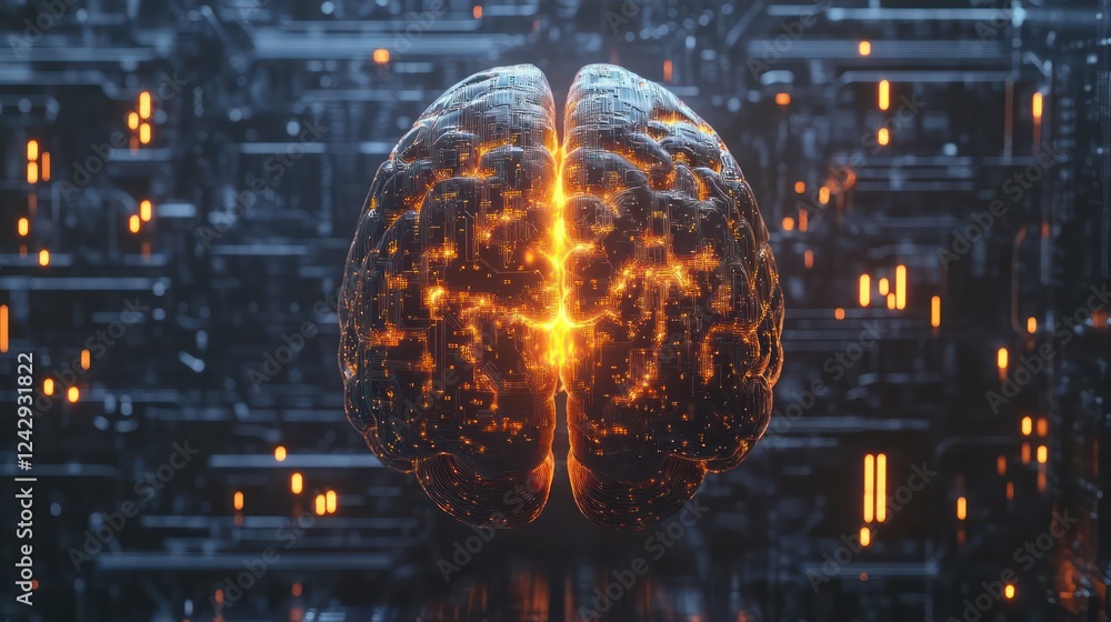 A pulsating human brain emitting vibrant orange and yellow light, set against a futuristic black and silver A pulsating human brain emitting vibrant orange and yellow light, set against a futuristic black and silver