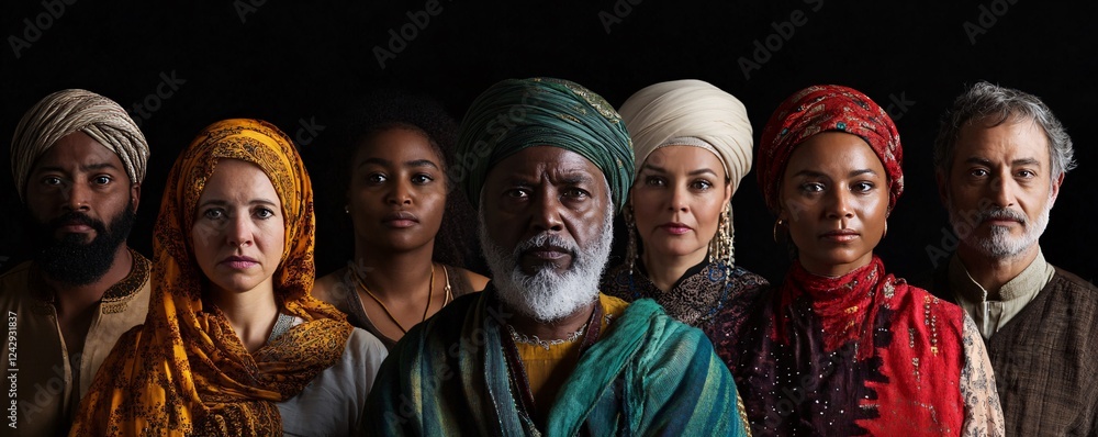 Diverse group of people with traditional clothing posing together Diverse group of people with traditional clothing posing together