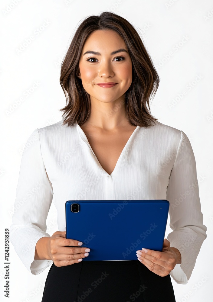Confident Businesswoman Holding Digital Tablet Portrait Studio Shot White Background Confident Businesswoman Holding Digital Tablet Portrait Studio Shot White Background
