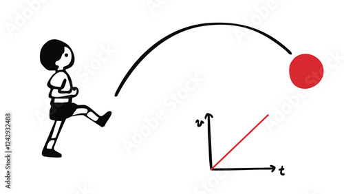 Illustration of a boy kicking a ball. Physics. Constant acceleration motion.