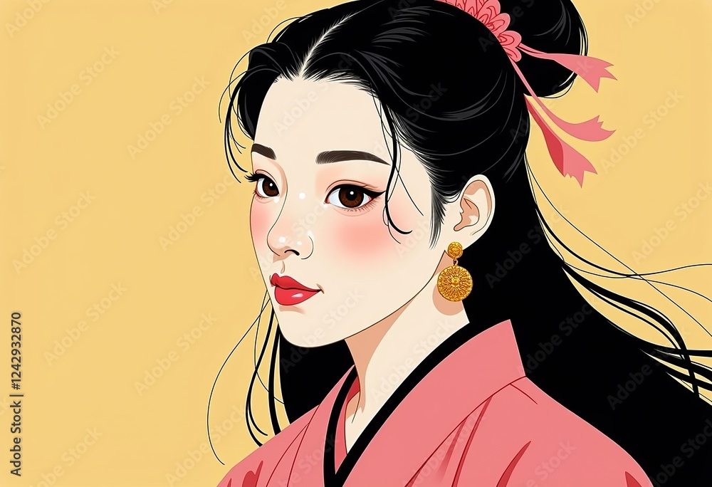 Qing Dynasty Girl, Pink Hanfu, Gongbi Painting, Minimalist Portrait, Black Hair, Geometric Shapes, Matte Yellow, Neo-Pop Style, Chinese Art, Tangled Jewelry.
Qing Dynasty Girl, Pink Hanfu, Gongbi Painting, Minimalist Portrait, Black Hair, Geometric Shapes, Matte Yellow, Neo-Pop Style, Chinese Art, Tangled Jewelry.