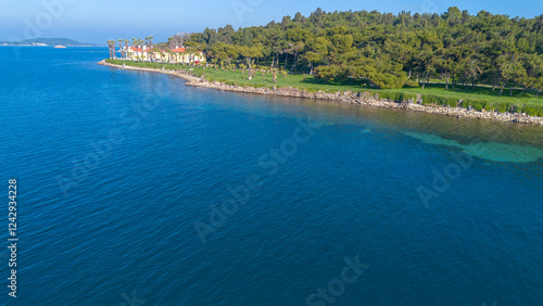 Aerial drone view of Urla district of Izmir  Turkey s third largest city. Iskele - Karantina island - Turkey