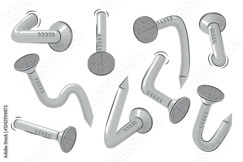 Set of metal nails in cartoon style. Vector illustration of nails with round heads of different shapes, bends isolated on white background. Nails for use in household, agriculture, construction.