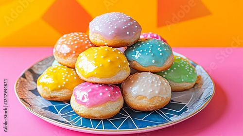 A stack of mini Paska breads, each with a different color glaze, arranged playfully on a modern geometric plate photo