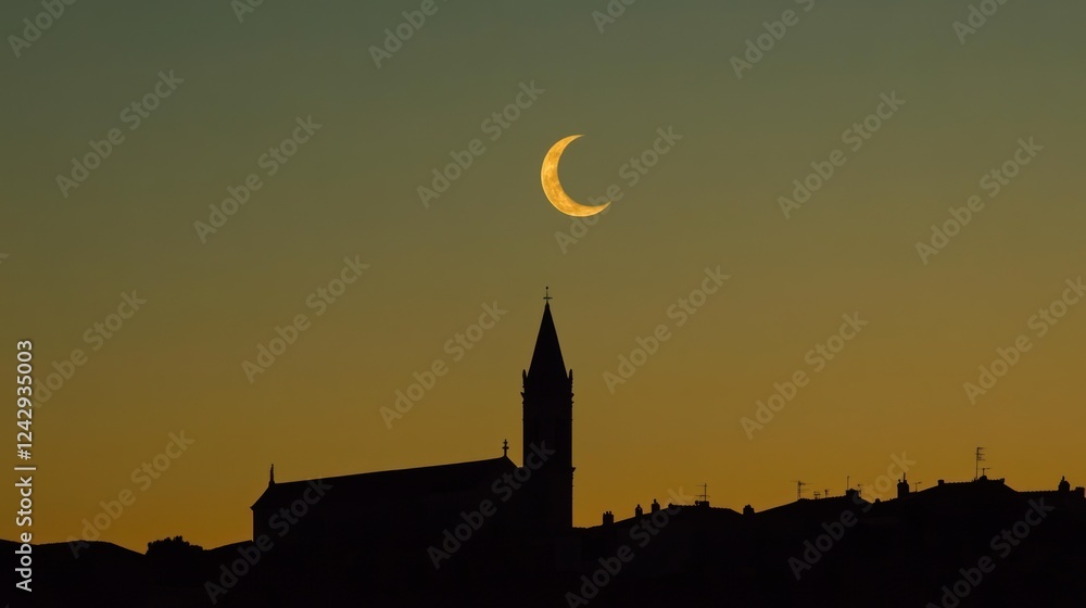 Crescent Moon Over Silhouetted Church And Village Crescent Moon Over Silhouetted Church And Village