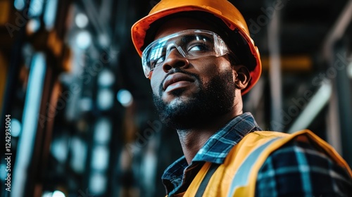 A close-up of an oil well worker wearing a hard hat and safety gear, inspecting machinery with focus and determination photo