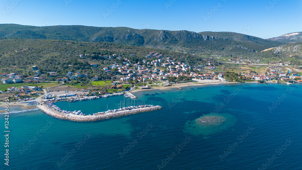 Aerial drone footage; Izmir Balikliova harbor and bay - Turkey