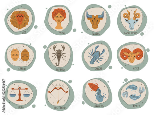Astrological zodiac signs in vintage style. A set of cards with zodiac signs. 12 horoscope signs. Flat vector illustration.