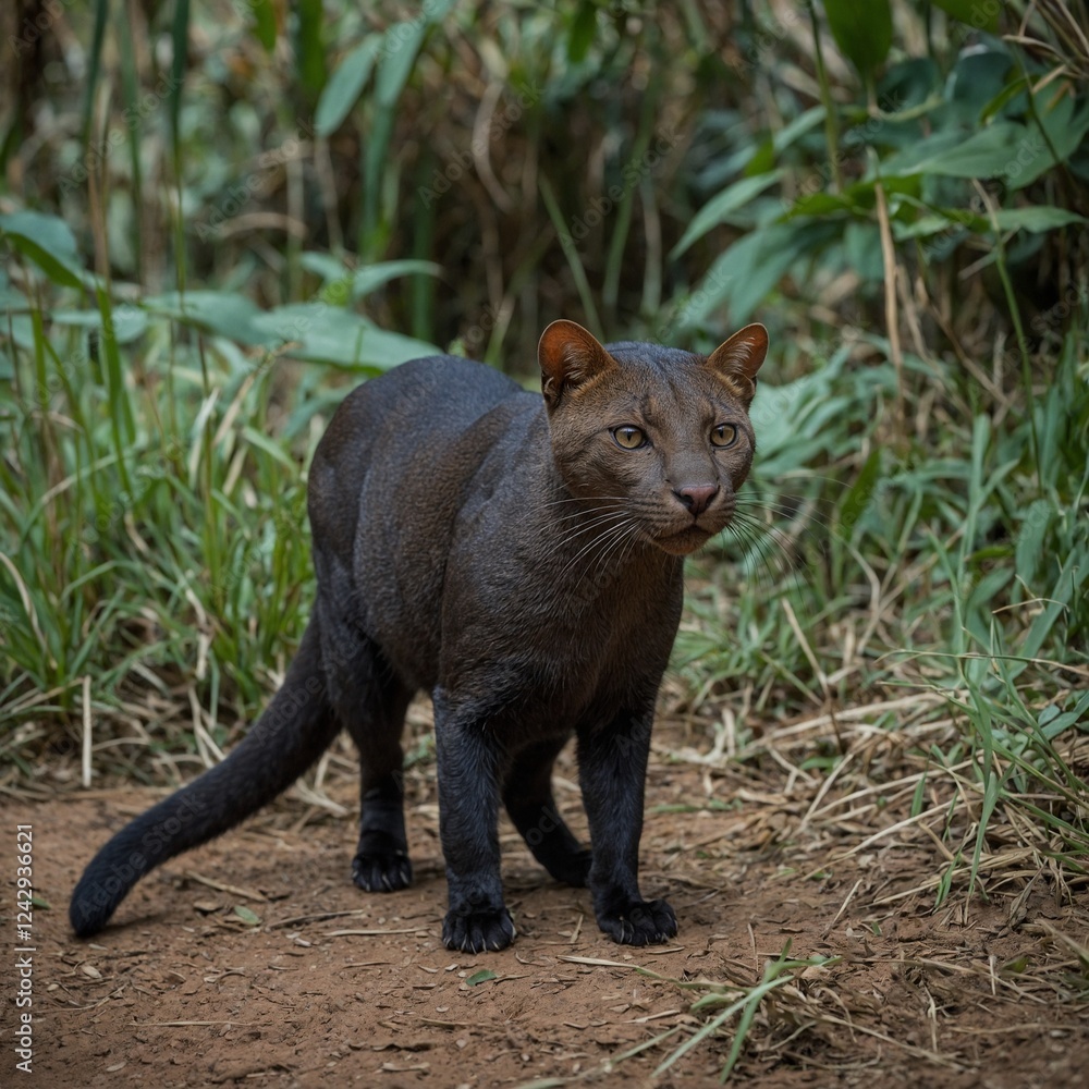 A jaguarundi crouched low, muscles ready to spring. A jaguarundi crouched low, muscles ready to spring.
