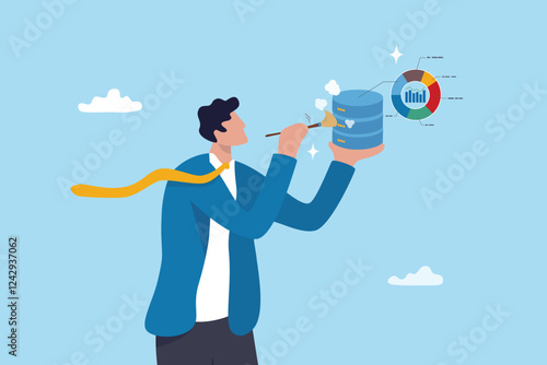 Data cleansing process to arrange, examining or prepare data to be analyzed, preprocessing normalization or validate missing data concept, businessman cleaning database metaphor of cleansing process.