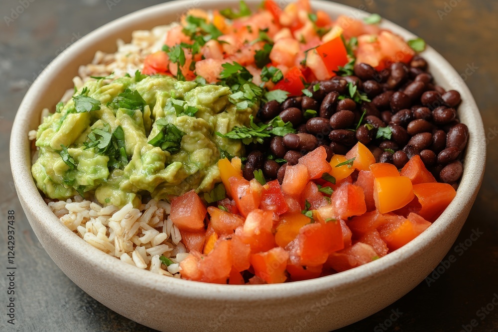 Healthy rice bowl with beans, avocado, and tomatoes Healthy rice bowl with beans, avocado, and tomatoes