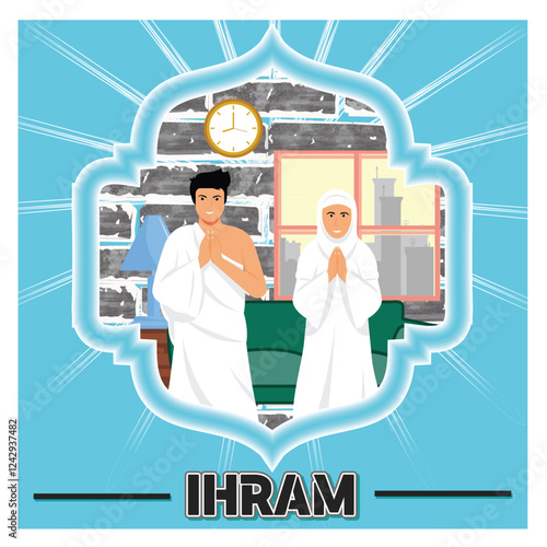 A Couple in Ihram Performing Prayer Together Indoors.