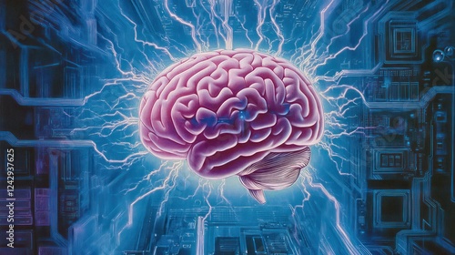 A translucent human brain in soft pink and purple tones, floating above a glowing blue