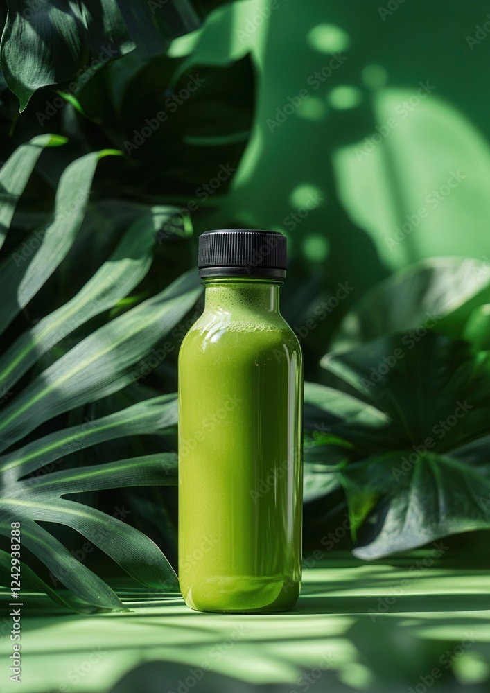 Green glass bottle with a black cap placed on a green surface. the bottle is filled with a bright green liquid, which appears to be a smoothie or juice. Green glass bottle with a black cap placed on a green surface. the bottle is filled with a bright green liquid, which appears to be a smoothie or juice.