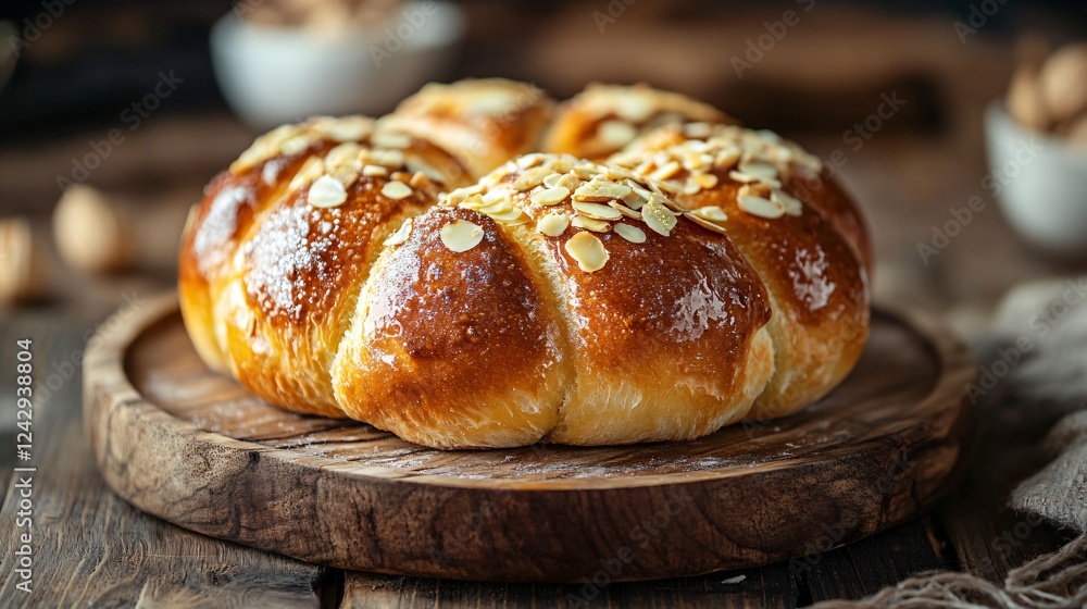 Paska bread with a delicate sugar glaze, topped with chopped almonds and edible gold leaf, placed on a rustic wooden plate Paska bread with a delicate sugar glaze, topped with chopped almonds and edible gold leaf, placed on a rustic wooden plate