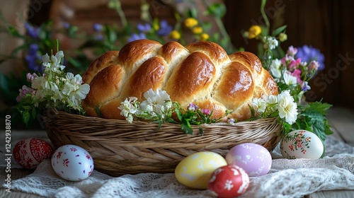 Paska bread with a rich, golden crust, artistically arranged in a woven basket with Easter eggs and fresh flowers photo