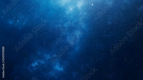 A sparkling blue galaxy scene, filled with stars and cosmic dust.