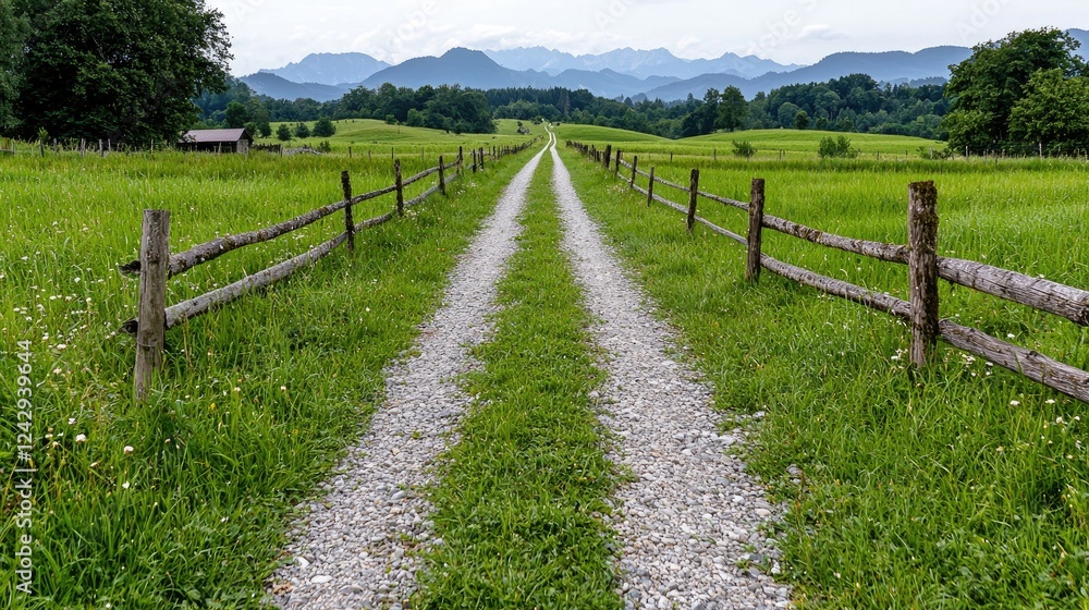 Gravel road through green fields, mountains background, rural landscape, idyllic scenery, travel photography Gravel road through green fields, mountains background, rural landscape, idyllic scenery, travel photography