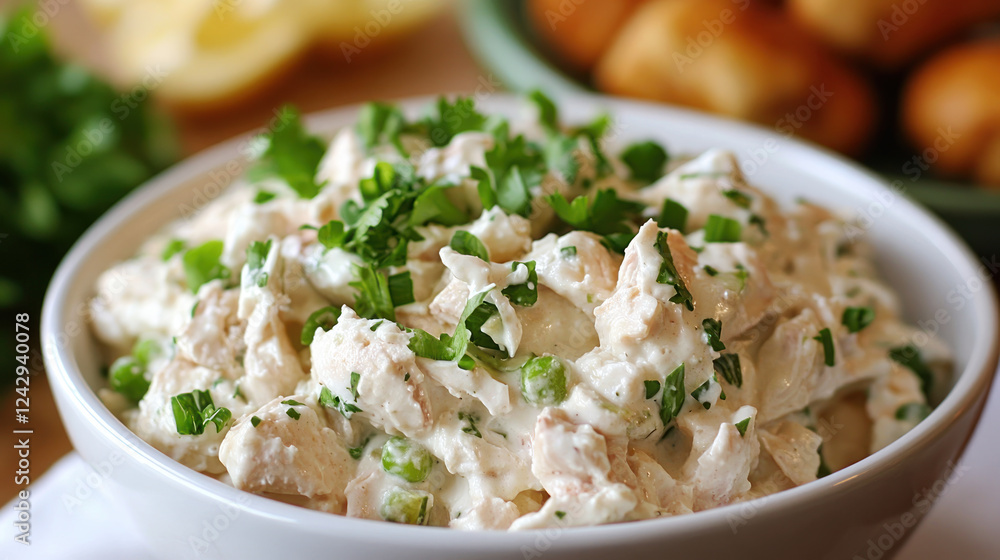 creamy chicken salad with fresh herbs and green peas in white bowl, garnished with parsley, is set on wooden table with bread rolls and lemon slices in background creamy chicken salad with fresh herbs and green peas in white bowl, garnished with parsley, is set on wooden table with bread rolls and lemon slices in background