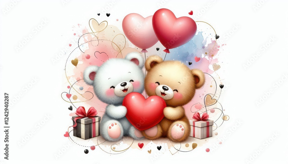 Fototapeta premium valentine's day idea of romantic teddy bears, hug with pink red heart shape, gift box on soft background with copy space 