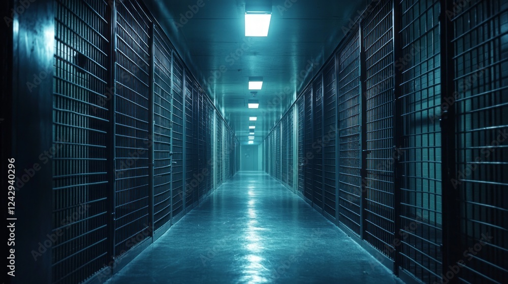 A long, dimly lit hallway stretches ahead, lined with barred cell doors casting shadows. Fluorescent lights flicker above, enhancing the unsettling atmosphere of confinement A long, dimly lit hallway stretches ahead, lined with barred cell doors casting shadows. Fluorescent lights flicker above, enhancing the unsettling atmosphere of confinement
