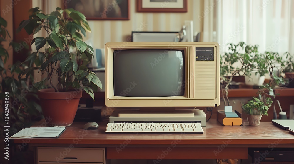 Fototapeta premium Vintage Computer in Retro Office Setting