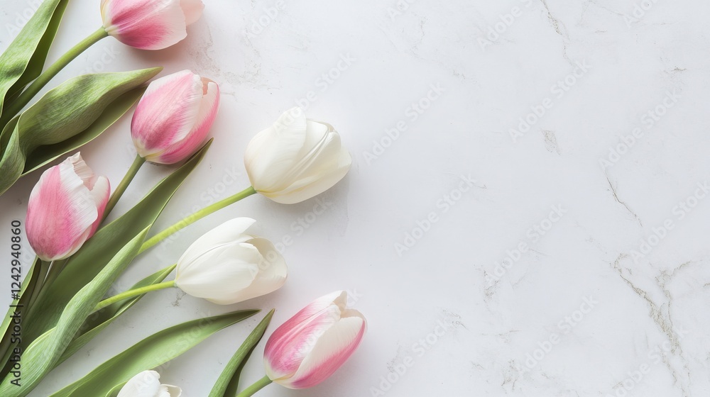 Tulips on a Pink Background, Flat Lay Top View, Women’s Day Concept Banner Template with Copy Space, Minimalist Mockup Design Tulips on a Pink Background, Flat Lay Top View, Women’s Day Concept Banner Template with Copy Space, Minimalist Mockup Design