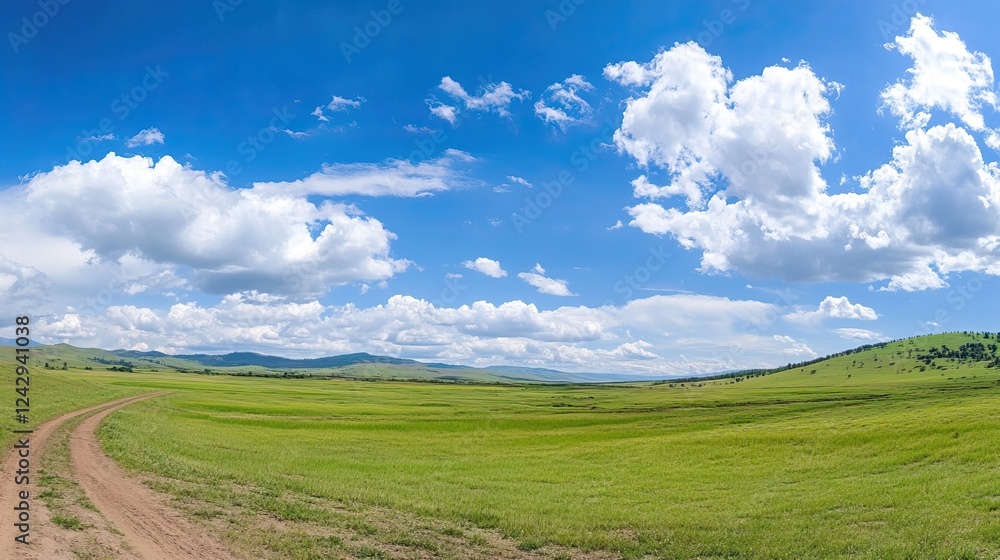 Expansive view of a wide open field with green wheat and grass, dirt road, and an isolated tree under the blue sky, capturing tranquility and harmony. Expansive view of a wide open field with green wheat and grass, dirt road, and an isolated tree under the blue sky, capturing tranquility and harmony.
