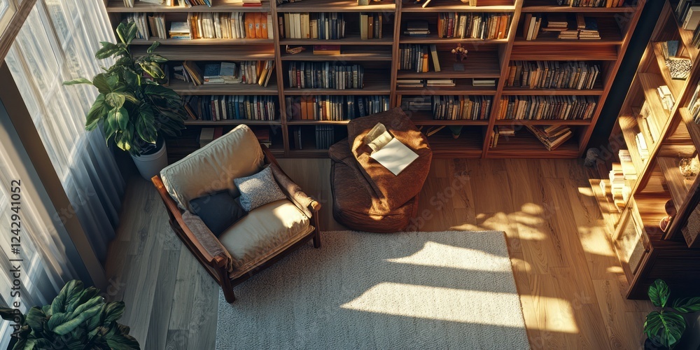 Fototapeta premium Sunlit Library Reading Nook With Comfortable Seating