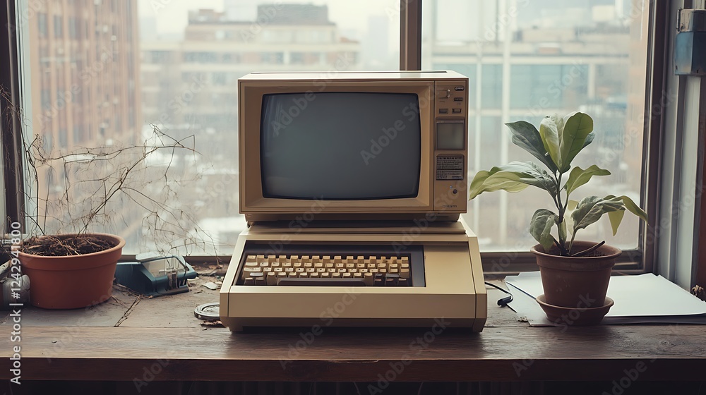 Fototapeta premium Vintage Computer in Retro Office Setting