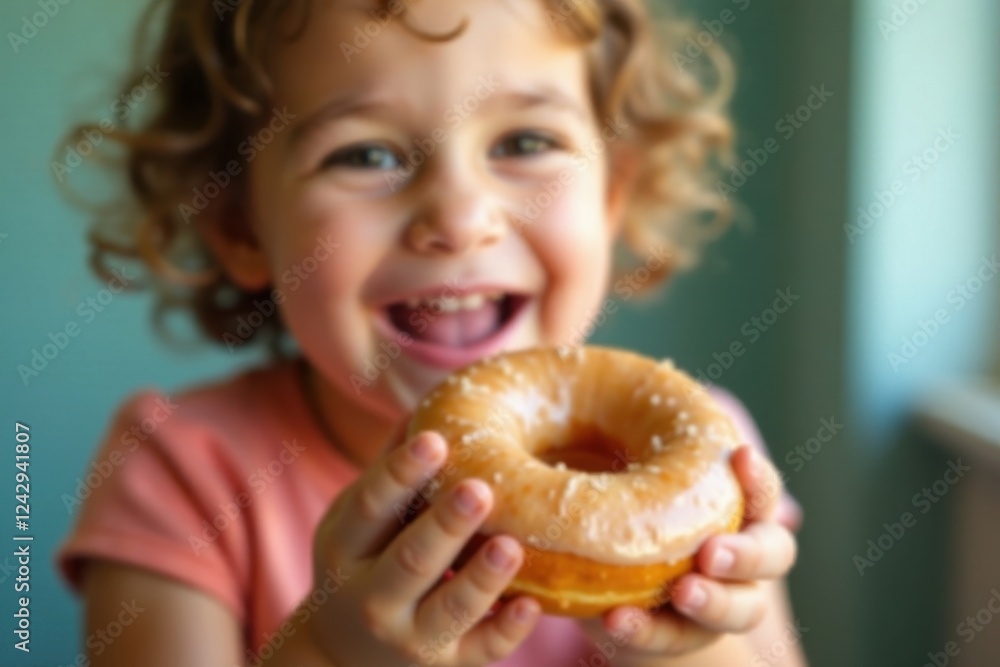 Closeup of a delighted child holding a perfectly glazed donut, picture, pastry, small Closeup of a delighted child holding a perfectly glazed donut, picture, pastry, small