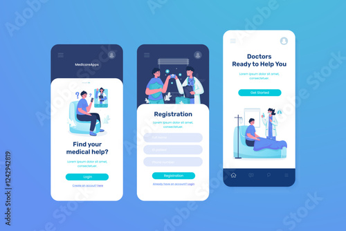 UI onboarding screen with illustration set of medical application on login and registration page