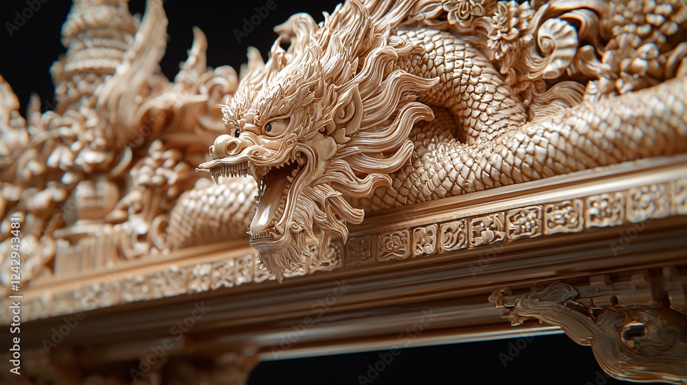 Fototapeta premium Intricate Dragon Carving on Asian Shrine