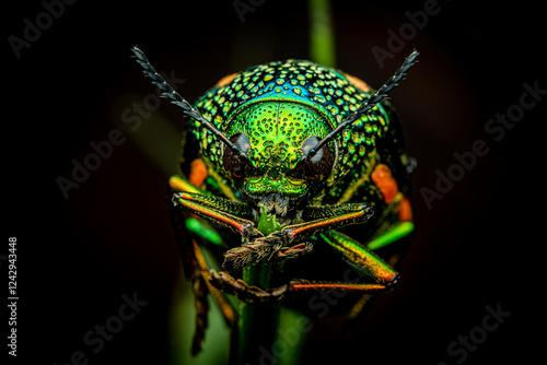 Face Close up of Jewel beetles or metallic wood-boring beetles. emerald green beetle. Selective focus
