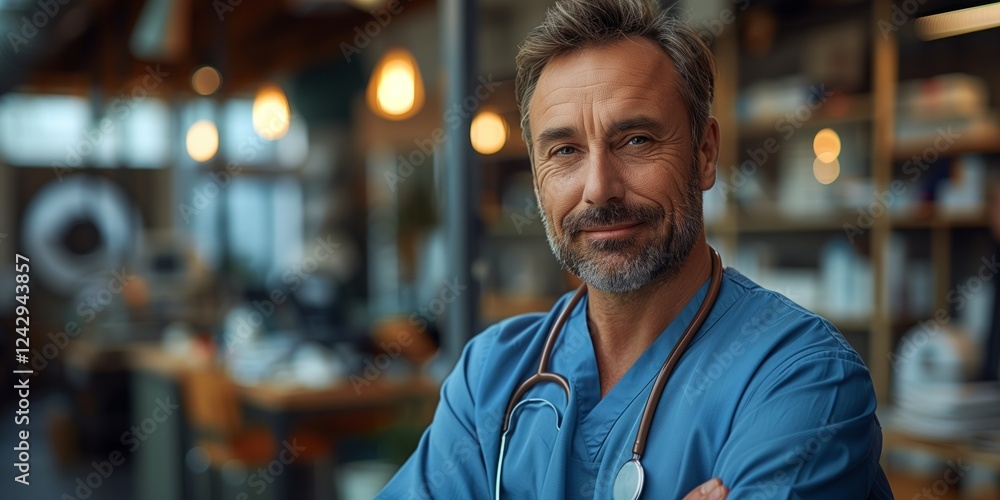 Fototapeta premium Confident male doctor in blue scrubs with a stethoscope around his neck, standing in a warmly lit professional setting with a blurred background