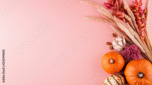 Colorful autumn harvest on a pink background. photo