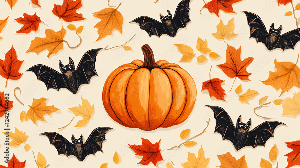Naklejka premium A cream background decorated with autumn pumpkins and bats.