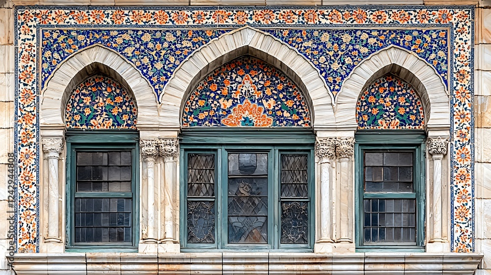 Ornate Building Facade with Intricate Tilework and Windows. Ornate Building Facade with Intricate Tilework and Windows.