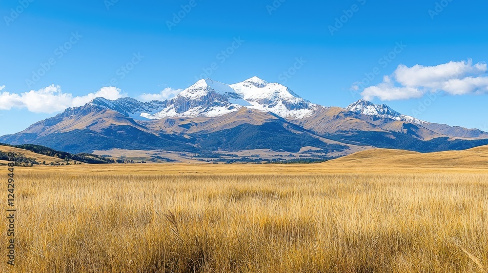 Andean mountain range, sunny day, golden grasslands, travel poster Andean mountain range, sunny day, golden grasslands, travel poster