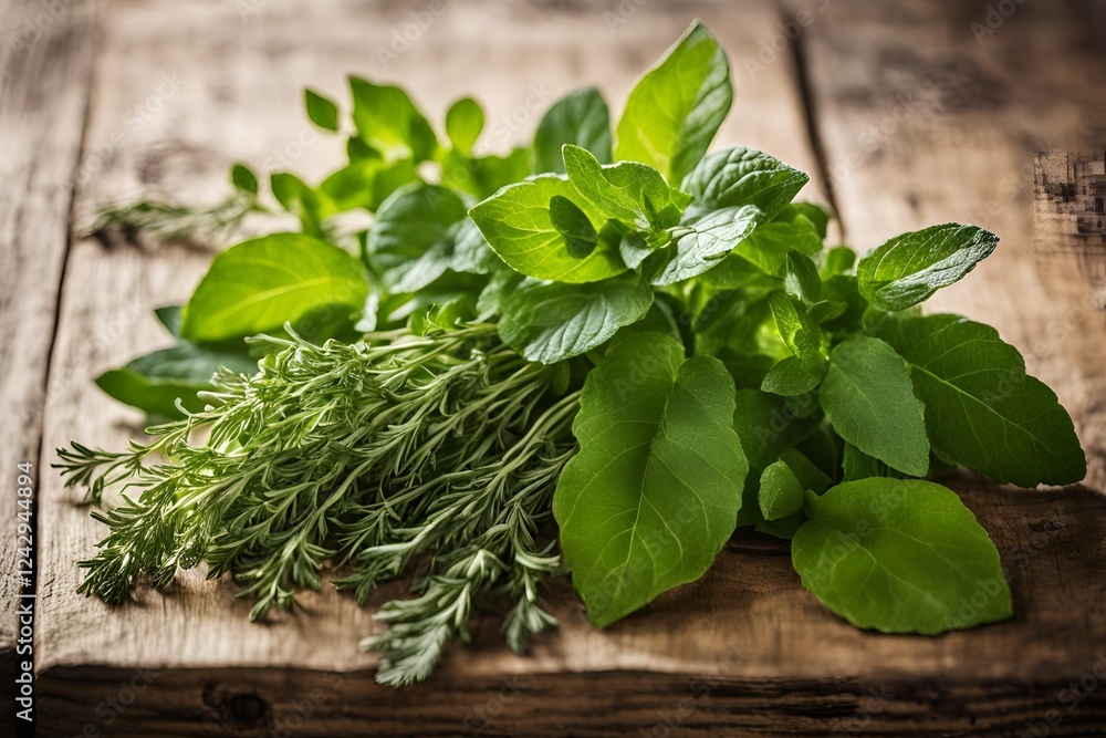 Fresh green leaves and herbs on a wooden table illuminated by natural sunlight close-up photography of nature and organic plants Fresh green leaves and herbs on a wooden table illuminated by natural sunlight close-up photography of nature and organic plants